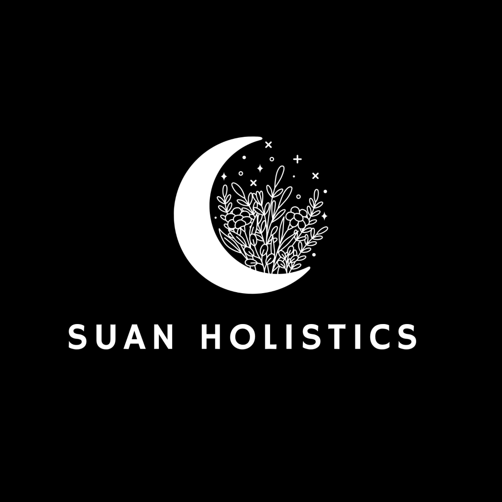 Suan Holistics logo featuring a crescent moon, botanical illustration and stars.